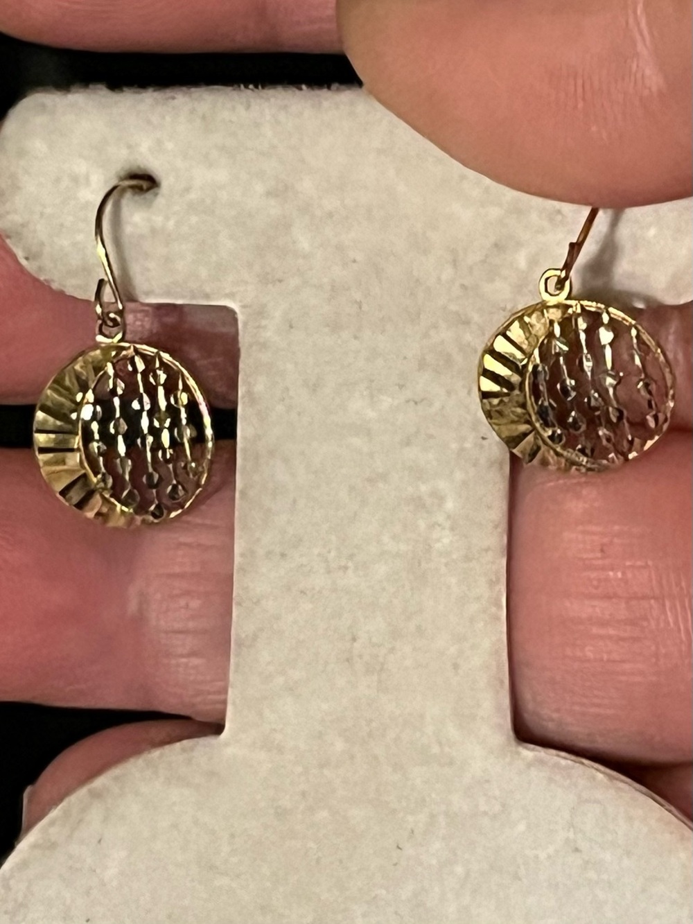 L72: 10k YG Dangle Round Drop Diamond Cut Earrings- Lots of Movement & Sparkle!